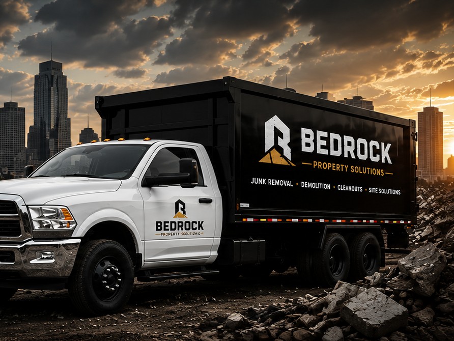 Bedrock Property Solutions dump truck on a Houston demolition job site